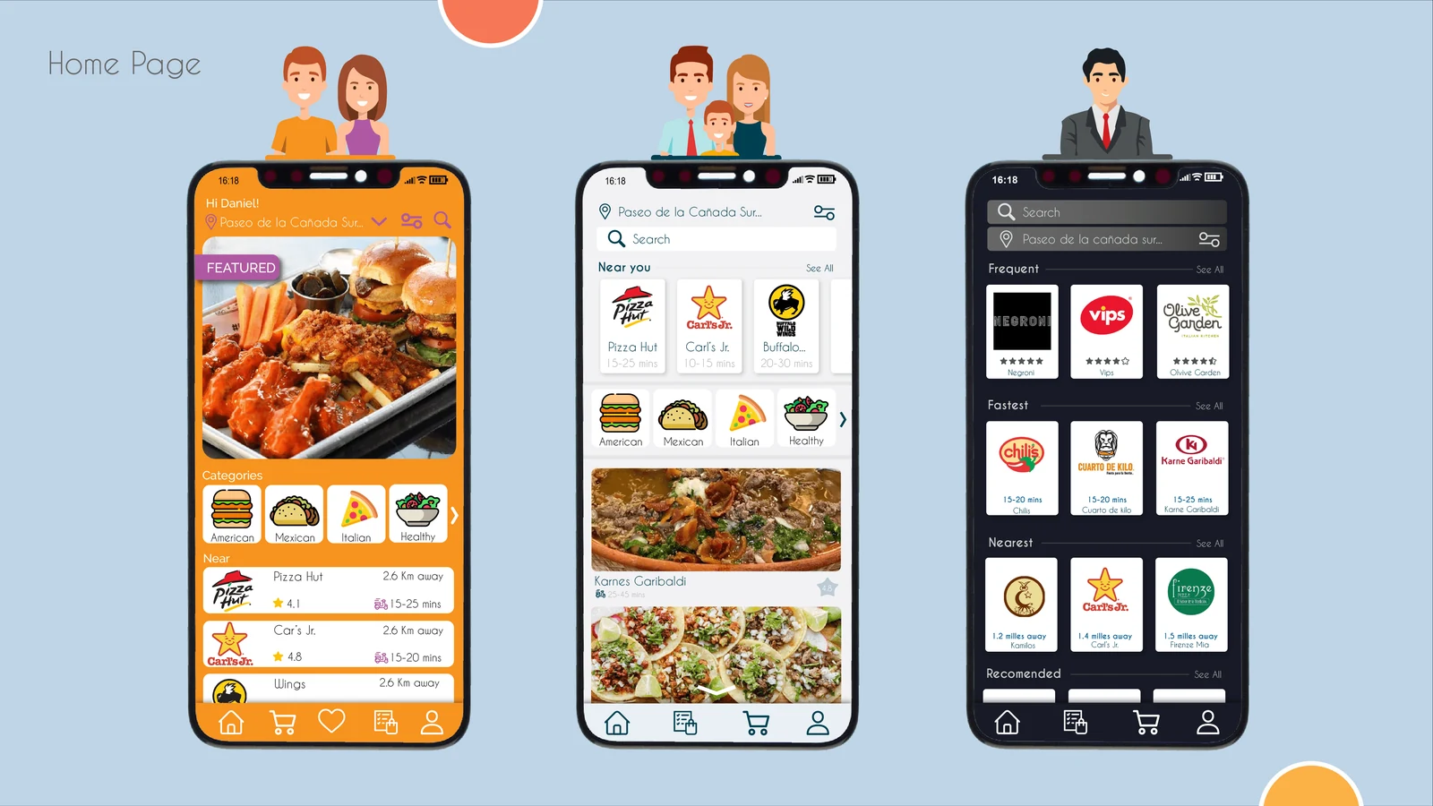 Three mobile food delivery interface proposals